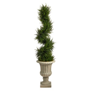 5' Spiral Cypress Artificial Tree in Sand Finished Urn with 80 Clear LED Lights UV Resistant (Indoor/Outdoor) - zzhomelifestyle