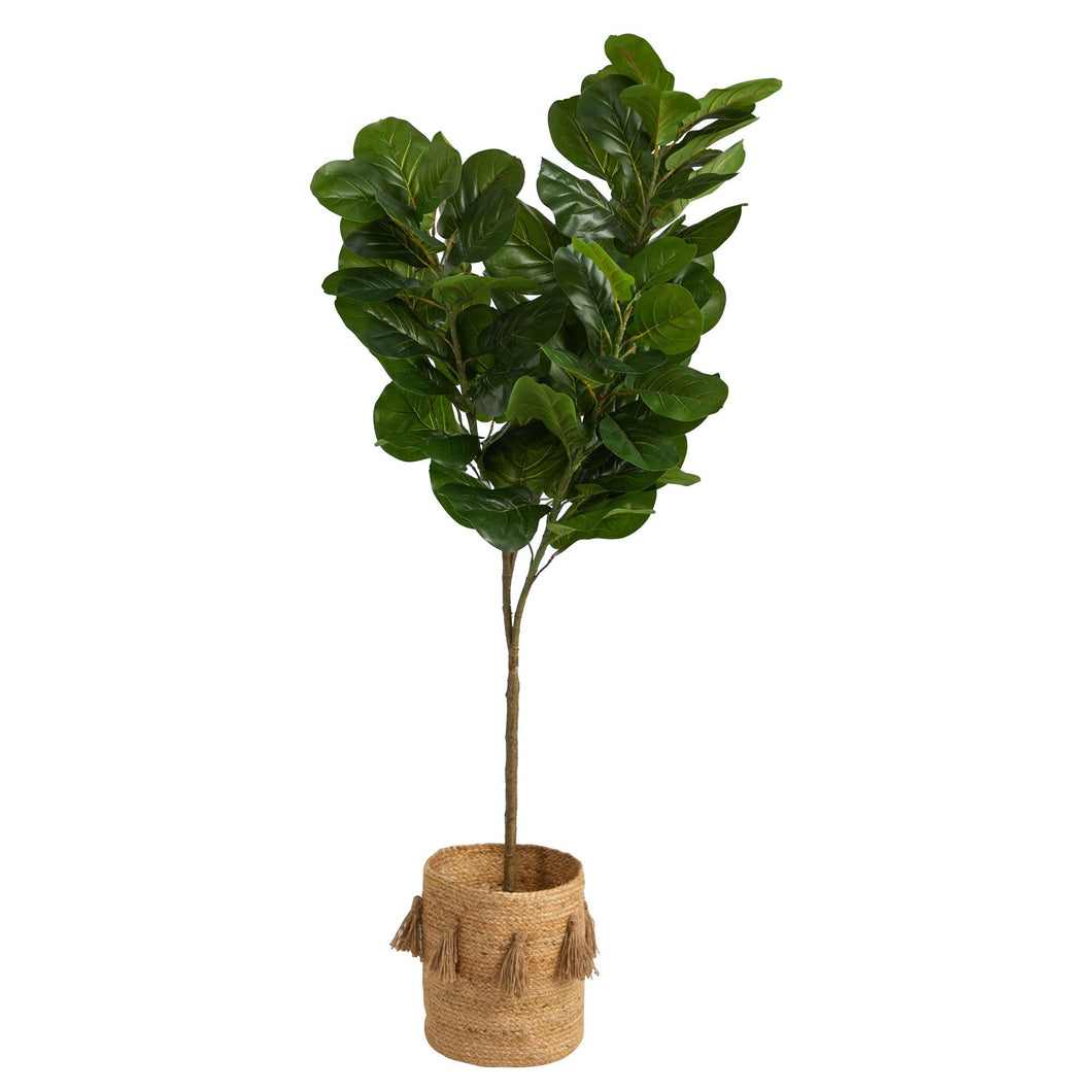 6' Fiddle Leaf Fig Artificial Tree in Handmade Natural Jute Planter with Tassels - zzhomelifestyle