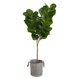 6' Fiddle Leaf Fig Artificial Tree in Handmade Black and White Natural Jute and Cotton Planter - zzhomelifestyle