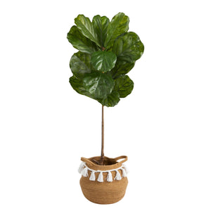 4' Fiddle Leaf Tree in Boho Chic Handmade Natural Cotton Woven Planter with Tassels UV Resistant - zzhomelifestyle