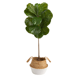 4' Fiddle Leaf Tree in Boho Chic Handmade Cotton & Jute White Woven Planter UV Resistant - zzhomelifestyle