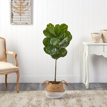 Load image into Gallery viewer, 4&#39; Fiddle Leaf Tree in Boho Chic Handmade Cotton &amp; Jute White Woven Planter UV Resistant - zzhomelifestyle