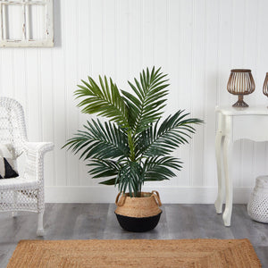 4' Kentia Palm Artificial Tree in Boho Chic Handmade Cotton & Jute Black Woven Planter - zzhomelifestyle