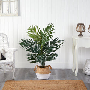 4' Kentia Palm Artificial Tree in Boho Chic Handmade Cotton & Jute White Woven Planter - zzhomelifestyle