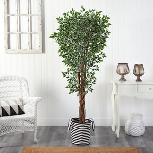 70" Variegated Ficus Tree in Handmade Black and White Natural Jute and Cotton Planter UV Resistant - zzhomelifestyle