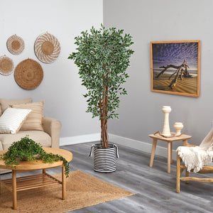 70" Variegated Ficus Tree in Handmade Black and White Natural Jute and Cotton Planter UV Resistant - zzhomelifestyle