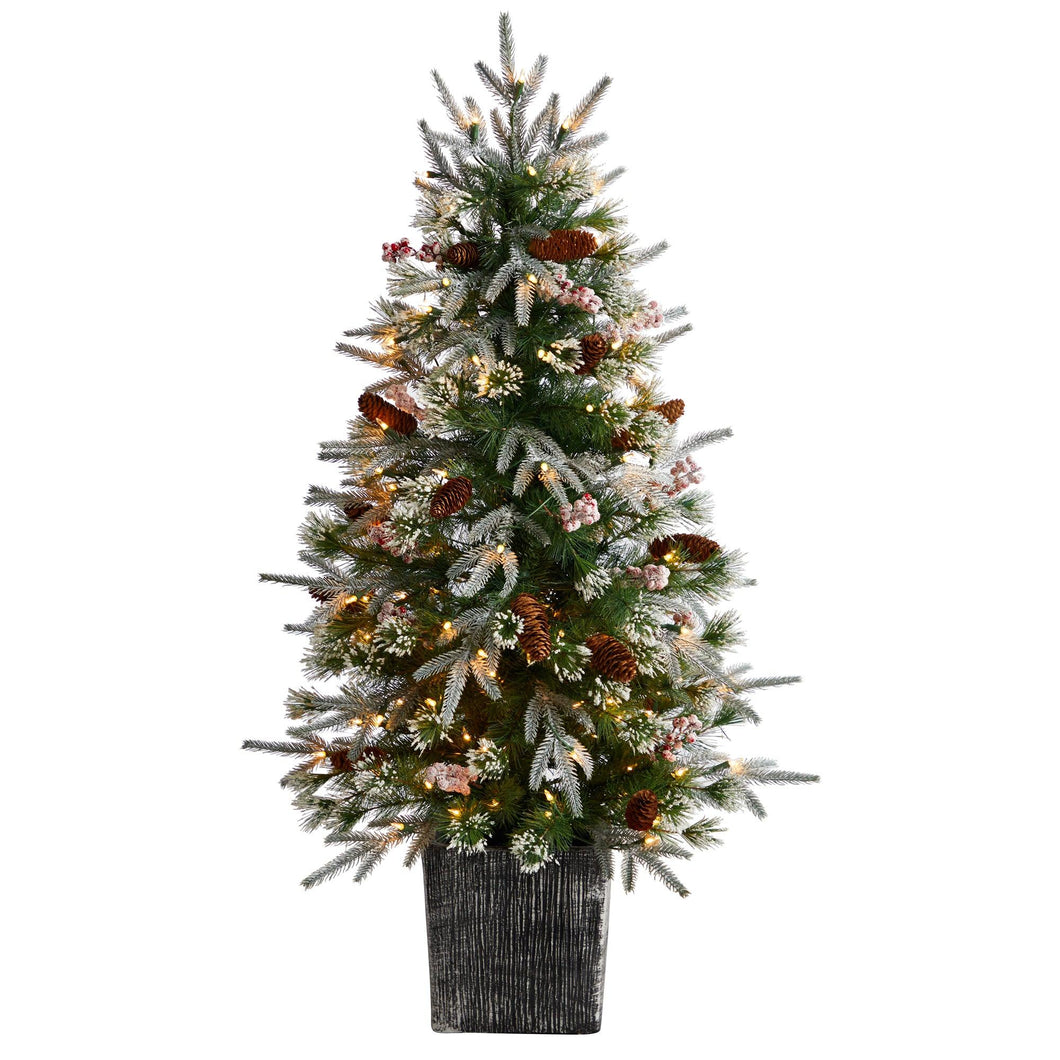 4' Frosted Artificial Christmas Tree Pre-Lit with 105 LED lights and Berries in Decorative Planter - zzhomelifestyle