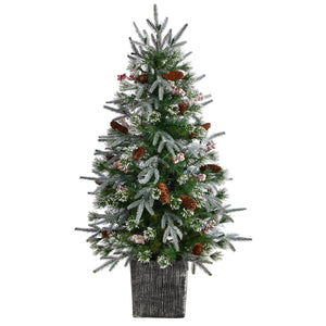 4' Frosted Artificial Christmas Tree Pre-Lit with 105 LED lights and Berries in Decorative Planter - zzhomelifestyle