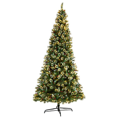 10' Frosted Swiss Pine Artificial Christmas Tree with 850 Clear LED Lights and Berries - zzhomelifestyle
