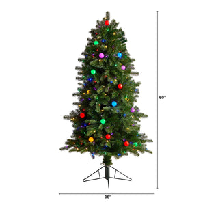 5' Montana Mountain Fir Tree with 300 Multi Color LED Lights, 30 Globe Bulbs and 574 Branches - zzhomelifestyle