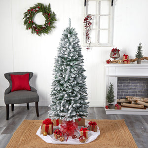 6' Slim Flocked Montreal Fir Artificial Christmas Tree with 250 White LED Lights and 743 Branches - zzhomelifestyle