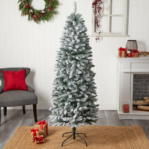 6' Slim Flocked Montreal Fir Artificial Christmas Tree with 250 White LED Lights and 743 Branches - zzhomelifestyle