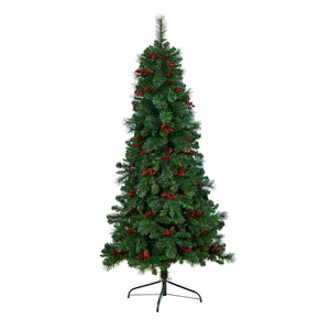 6' Flat Back Montreal Mountain Pine Tree with Pinecones, Berries and 150 Warm White LED Lights - zzhomelifestyle