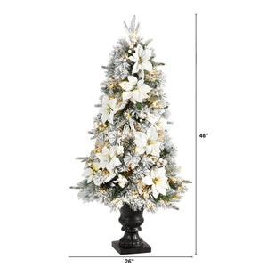 4' Flocked Artificial Christmas Tree with 223 Bendable Branches and 100 Warm Lights in Decorative Urn - zzhomelifestyle