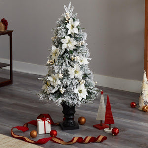 4' Flocked Artificial Christmas Tree with 223 Bendable Branches and 100 Warm Lights in Decorative Urn - zzhomelifestyle