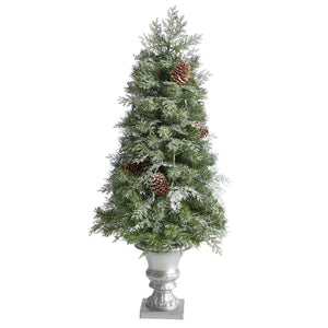 4' English Pine Tree with 100 Warm White LED Lights and 413 Bendable Branches in Decorative Urn - zzhomelifestyle
