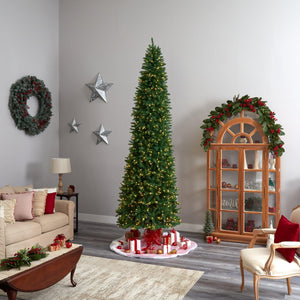 11' Slim Green Mountain Pine Christmas Tree with 950 Clear LED Lights and 2836 Bendable Branches - zzhomelifestyle