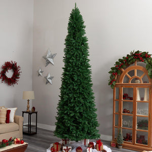 12' Slim Green Mountain Pine Artificial Christmas Tree with 1100 Clear LED Lights and 3235 Tips - zzhomelifestyle