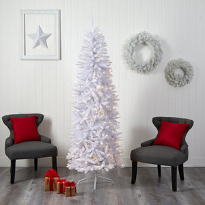 7' Slim White Artificial Christmas Tree with 300 Warm White LED Lights and 955 Bendable Branches - zzhomelifestyle