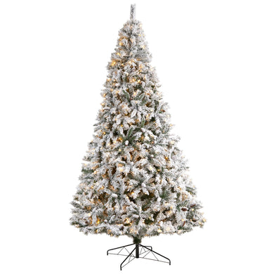 10' Flocked White River Mountain Pine Christmas Tree with Pinecones and 800 Clear LED Lights - zzhomelifestyle