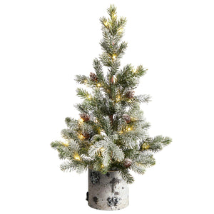 24" Flocked Christmas Artificial Tree in Decorative Birch Bark Planter with 30 LED lights - zzhomelifestyle