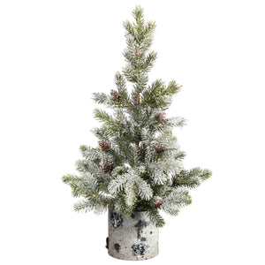 24" Flocked Christmas Artificial Tree in Decorative Birch Bark Planter with 30 LED lights - zzhomelifestyle