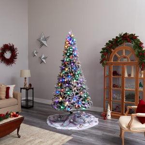 8.5' Flocked British Columbia Mountain Fir Tree with 120 Multi Color Globe Bulbs and 1513 Branches - zzhomelifestyle