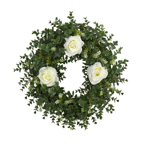 18" Eucalyptus and Rose Double Ring Artificial Wreath with Twig Base - zzhomelifestyle