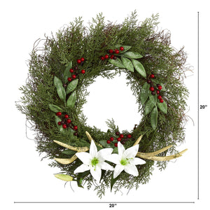 20" Cedar, Antlers, Lily and Ruscus with Berries Artificial Wreath - zzhomelifestyle