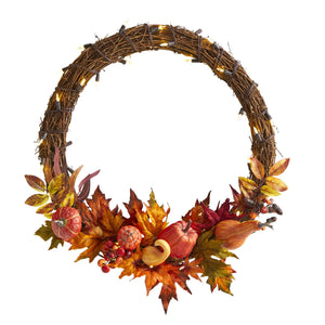 22" Pumpkin and Maple Artificial Autumn Wreath with 50 Warm White LED Lights - zzhomelifestyle