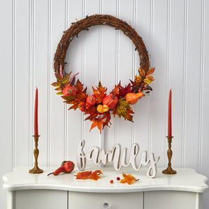 22" Pumpkin and Maple Artificial Autumn Wreath with 50 Warm White LED Lights - zzhomelifestyle