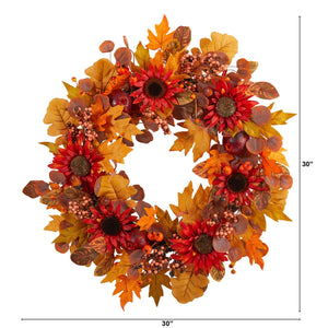 30" Fall Acorn, Sunflower, Berries and Autumn Foliage Artificial Wreath - zzhomelifestyle