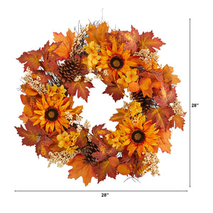 28" Autumn Maple Leaves, Sunflower, White Berries and Pinecones Artificial Fall Wreath - zzhomelifestyle