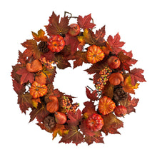 Load image into Gallery viewer, 24&quot; Autumn Maple Leaves, Pumpkin, Pinecone and Berries Artificial Fall Wreath - zzhomelifestyle