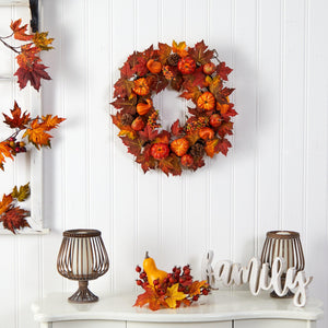 24" Autumn Maple Leaves, Pumpkin, Pinecone and Berries Artificial Fall Wreath - zzhomelifestyle