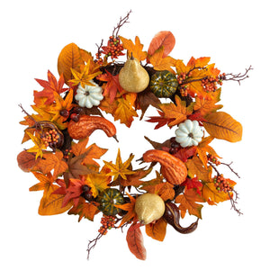 24" Autumn Pumpkin, Gourd and Berries in Assorted Colors Artificial Fall Wreath - zzhomelifestyle
