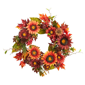 24" Autumn Sunflower, Pumpkin, Pinecone and Berries Fall Artificial Wreath - zzhomelifestyle