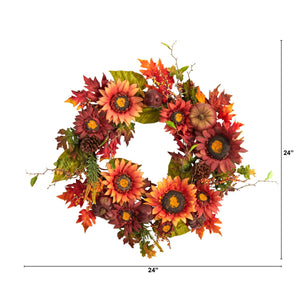 24" Autumn Sunflower, Pumpkin, Pinecone and Berries Fall Artificial Wreath - zzhomelifestyle