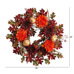 24" Fall Dahlia, Golden Apple, Oak Leaf and Berries Autumn Artificial Wreath - zzhomelifestyle