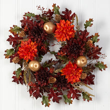 Load image into Gallery viewer, 24&quot; Fall Dahlia, Golden Apple, Oak Leaf and Berries Autumn Artificial Wreath - zzhomelifestyle