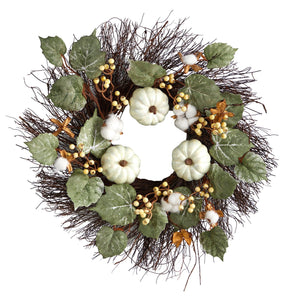 22" Autumn Green Pumpkin, Cotton and Berries Artificial Fall Wreath - zzhomelifestyle
