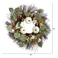 Load image into Gallery viewer, 22&quot; Autumn Green Pumpkin, Cotton and Berries Artificial Fall Wreath - zzhomelifestyle