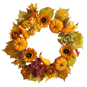 22" Autumn Hydrangea, Pumpkin and Sunflower Artificial Fall Wreath - zzhomelifestyle