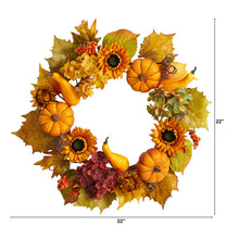 Load image into Gallery viewer, 22&quot; Autumn Hydrangea, Pumpkin and Sunflower Artificial Fall Wreath - zzhomelifestyle
