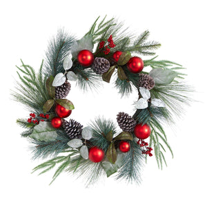 24" Assorted Pine, Pinecone and Berry Artificial Christmas Wreath with Red Ornaments - zzhomelifestyle