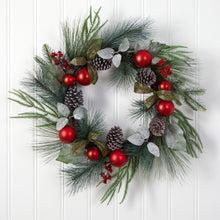 Load image into Gallery viewer, 24&quot; Assorted Pine, Pinecone and Berry Artificial Christmas Wreath with Red Ornaments - zzhomelifestyle