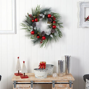 24" Assorted Pine, Pinecone and Berry Artificial Christmas Wreath with Red Ornaments - zzhomelifestyle