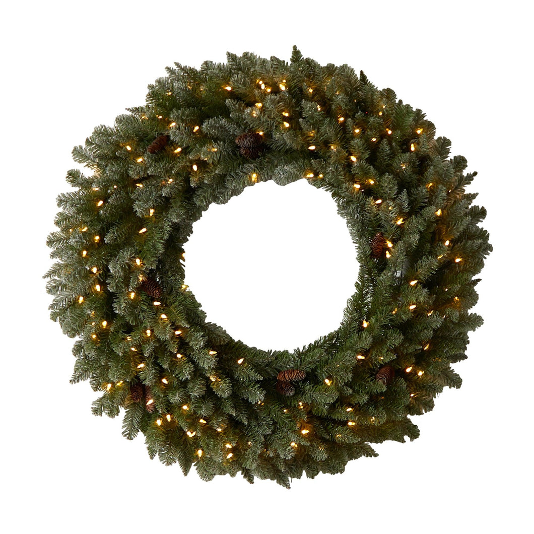4' Large Flocked Christmas Wreath with Pinecones, 150 Clear LED Lights and 330 Bendable Branches - zzhomelifestyle