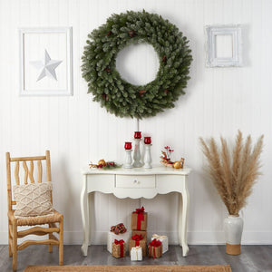 4' Large Flocked Christmas Wreath with Pinecones, 150 Clear LED Lights and 330 Bendable Branches - zzhomelifestyle