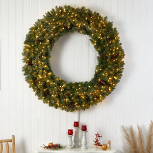 5' Flocked Artificial Christmas Wreath with Pinecones, 300 Clear LED Lights and 680 Bendable Branches - zzhomelifestyle